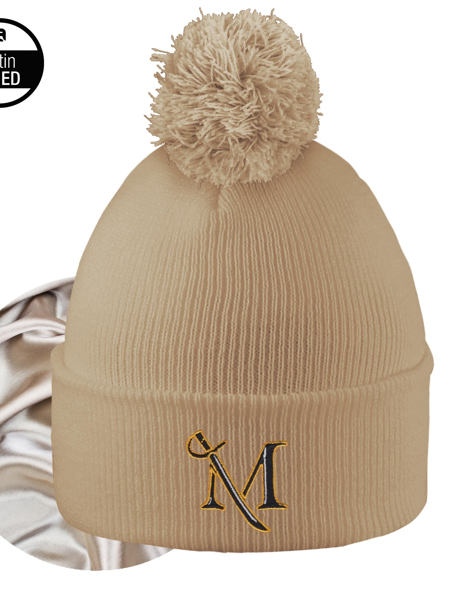 Monroe Satin Lined Knit Cuff Beanie with Pom