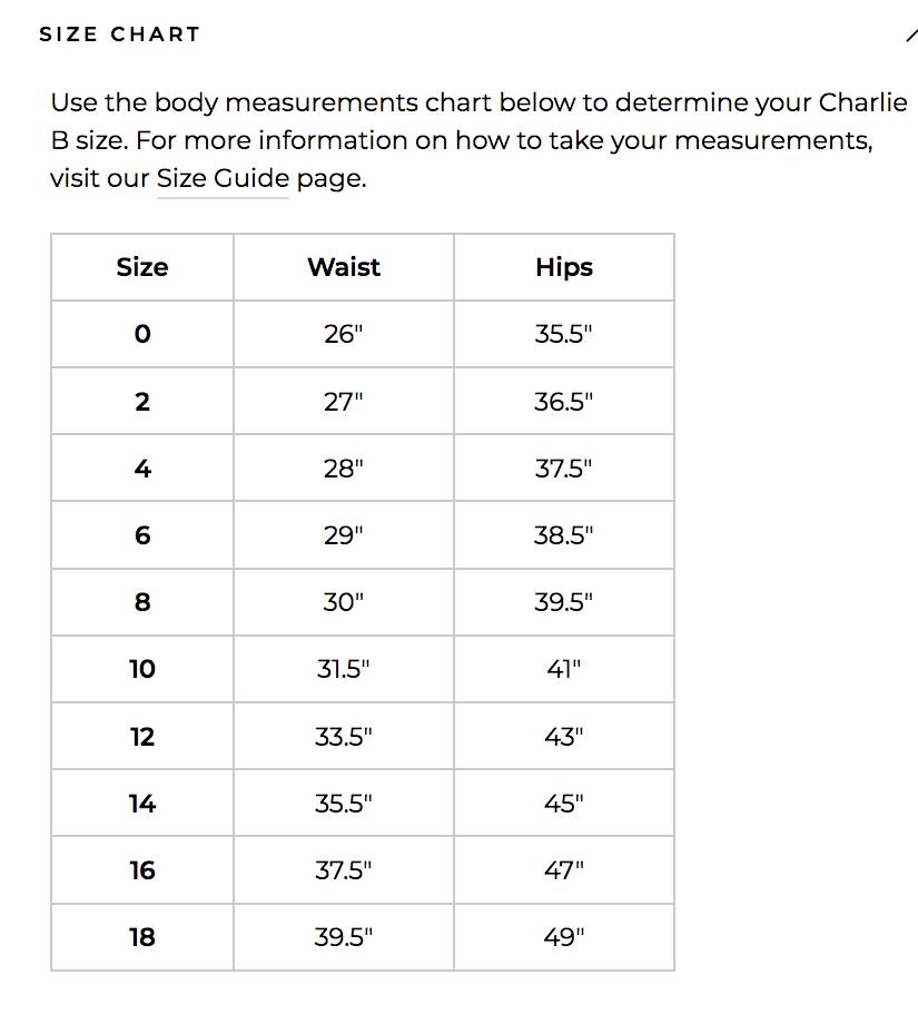charlie b size guide