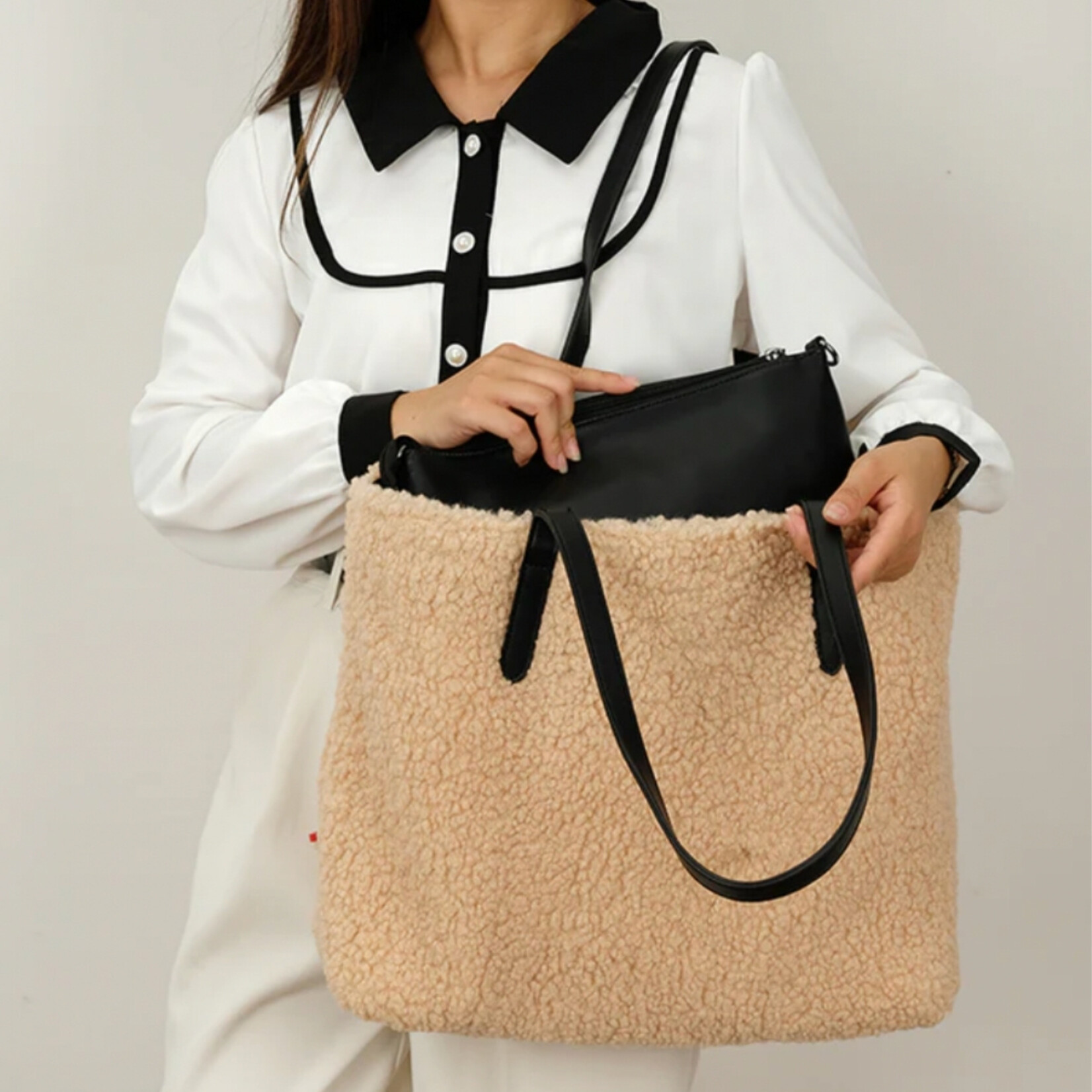 Co Lab Reversible Gem Tote - Beige Shearling