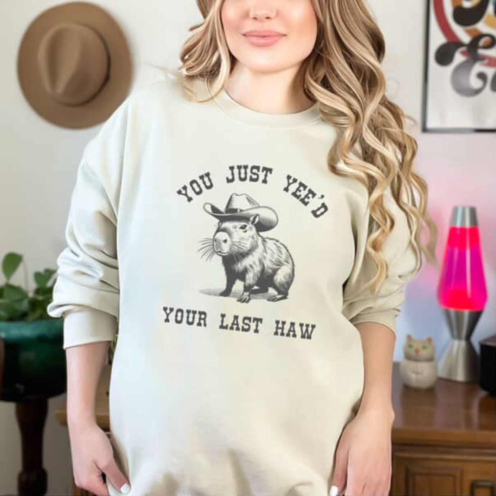 Wild Melon Designs Yee Haw Capybara Crew Sweatshirt