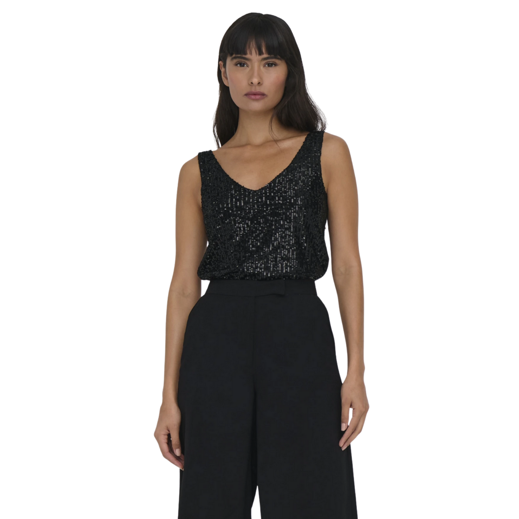 Only Evie V-Neck Sequin Top - Black