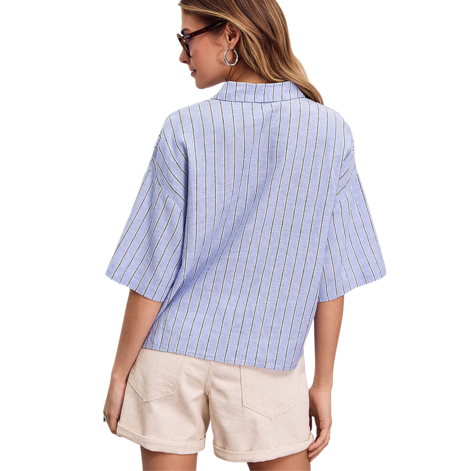 Vero Moda Cali SS Linen Top - Blue Stripe