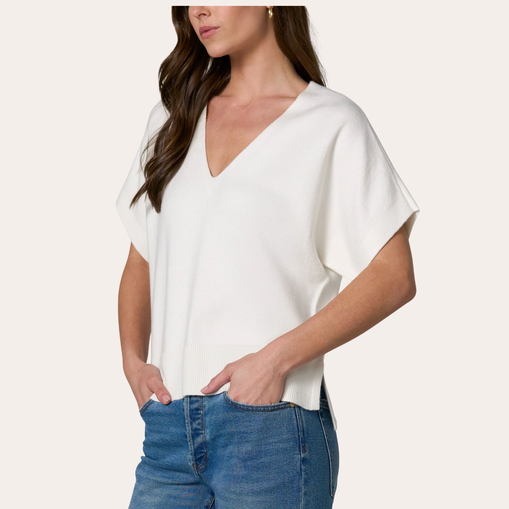 Liverpool Maple Short Sleeve V-Neck Knit - Whip Cream