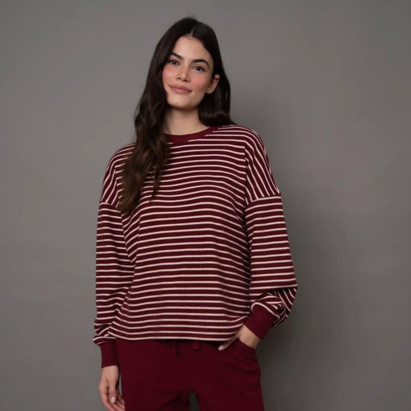 RD Style Saige Striped Waffle Top - Burgundy