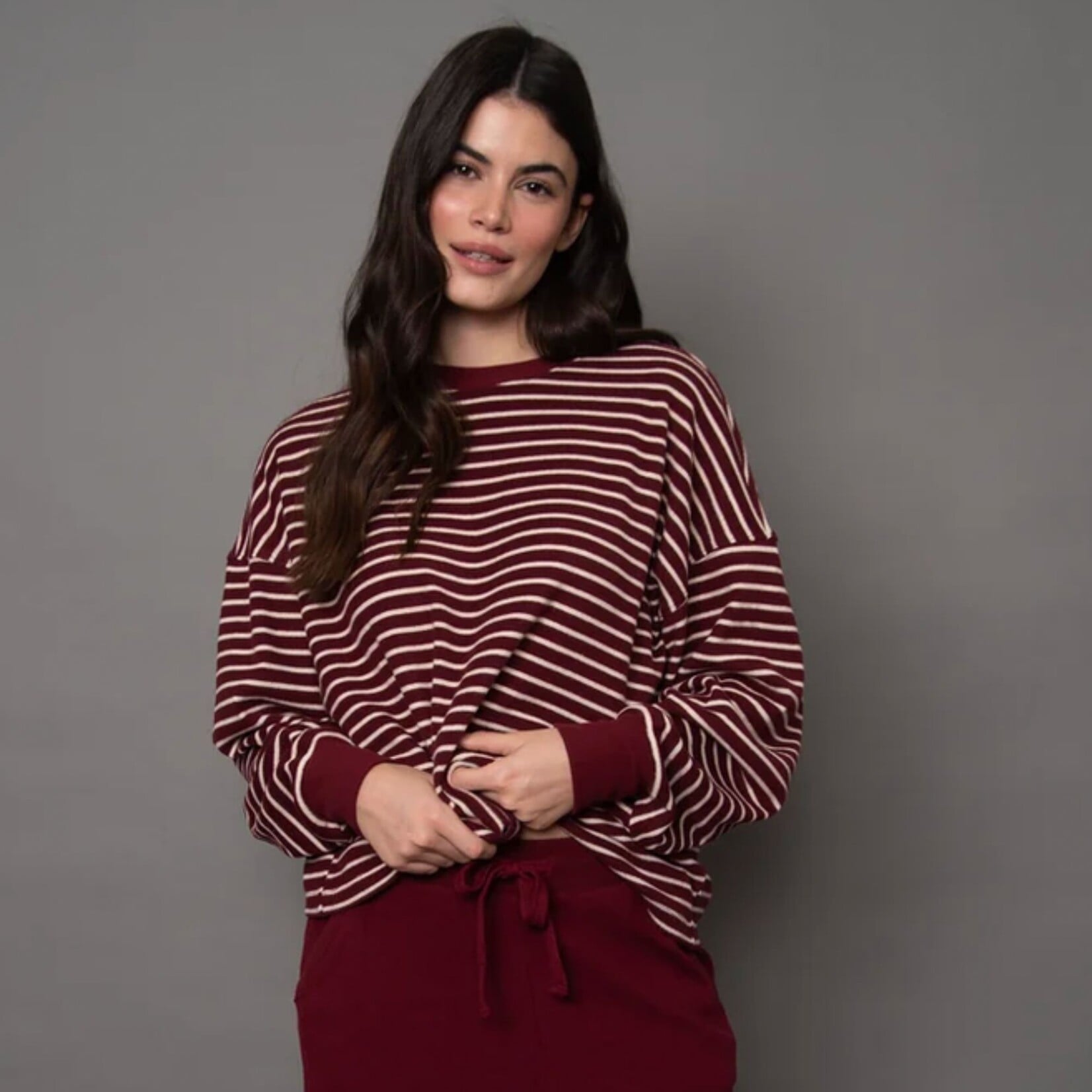 RD Style Saige Striped Waffle Top - Burgundy