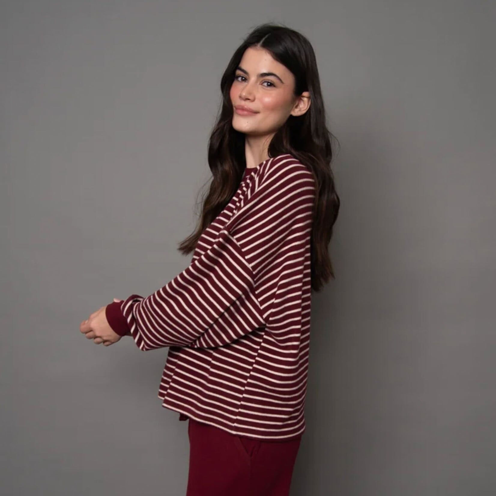 RD Style Saige Striped Waffle Top - Burgundy