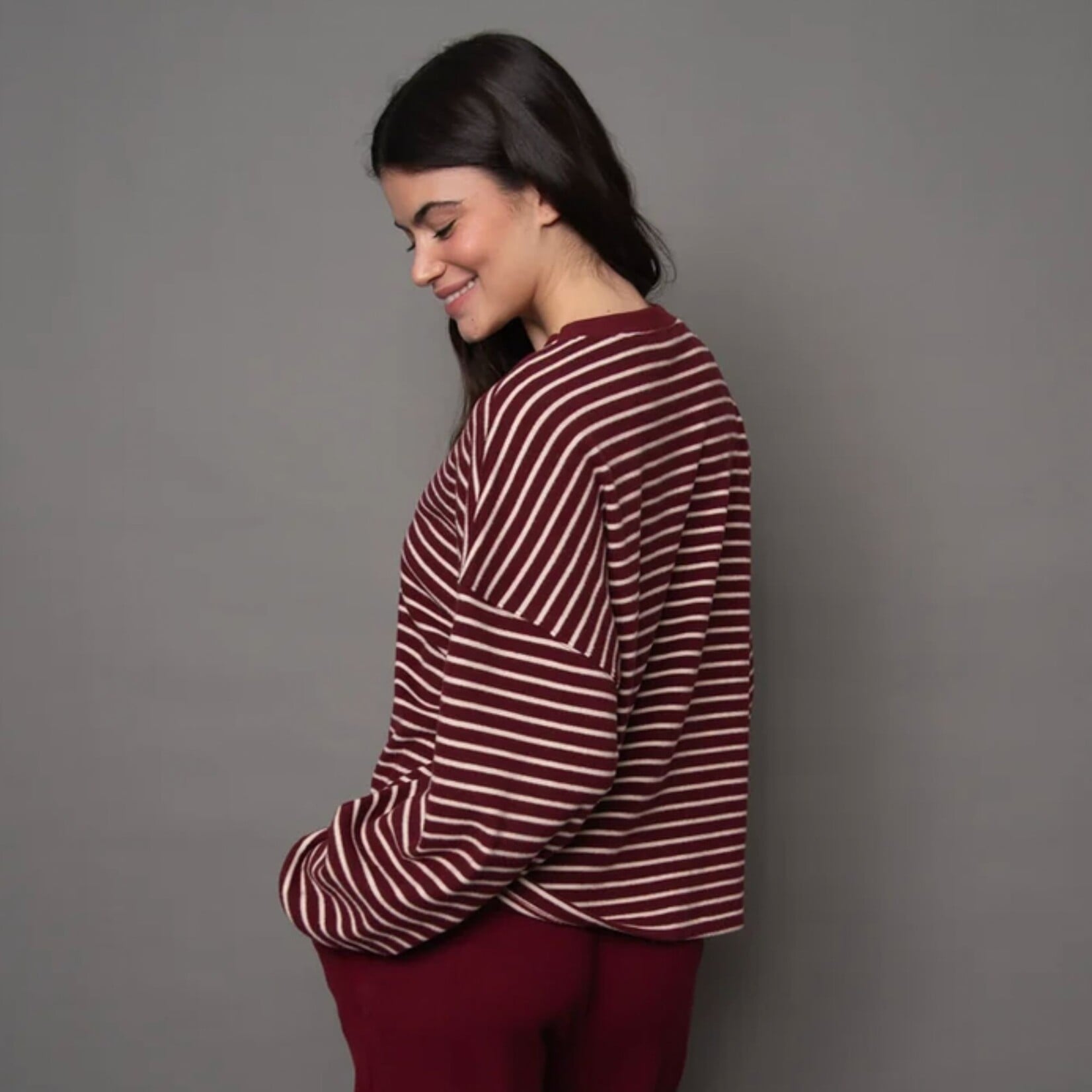 RD Style Saige Striped Waffle Top - Burgundy