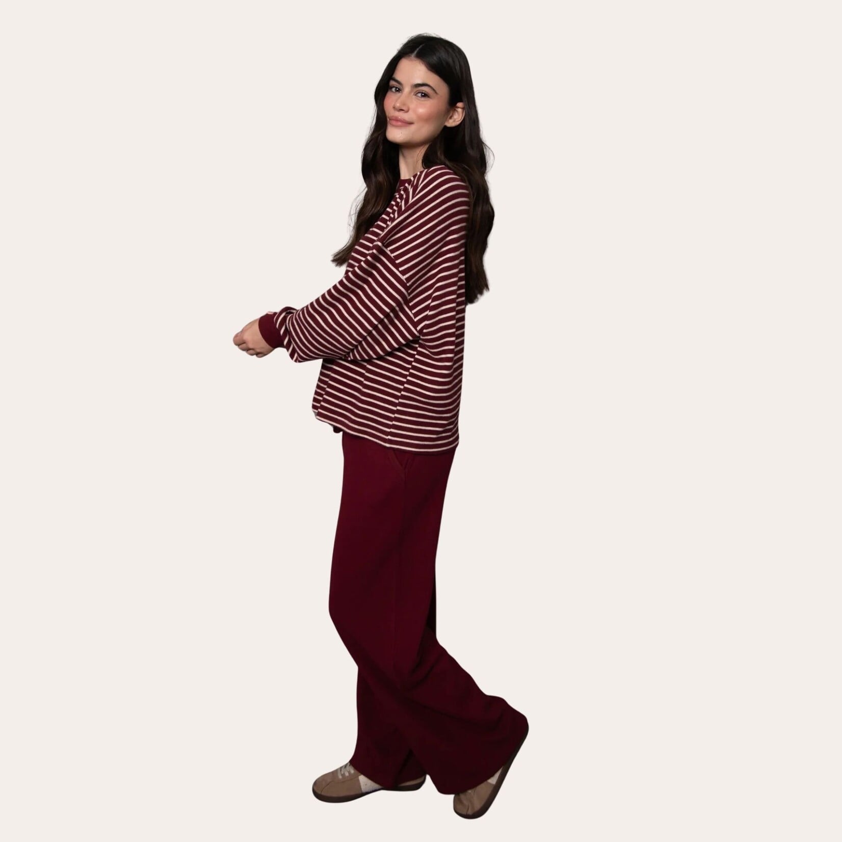 RD Style Saige Striped Waffle Top - Burgundy