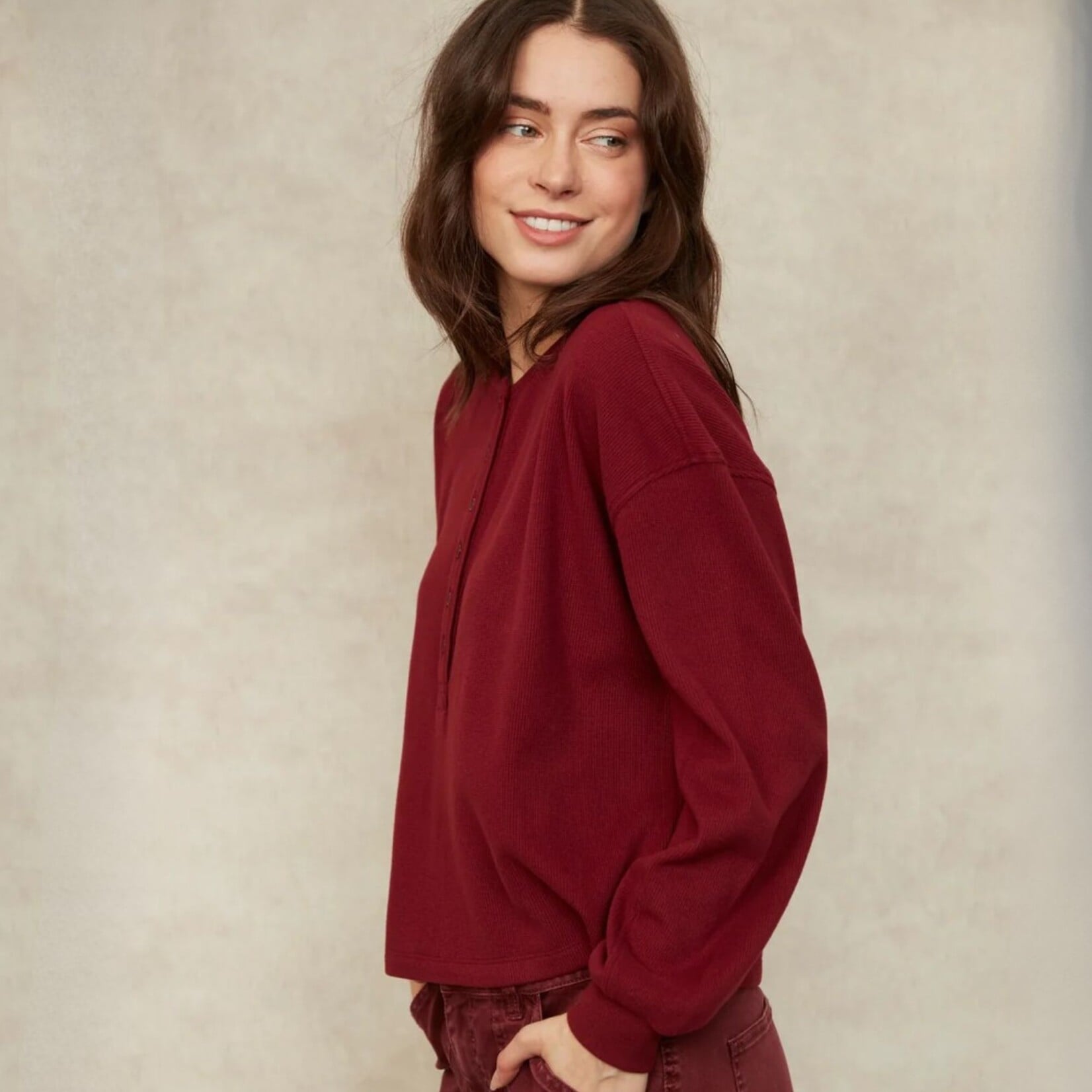 RD Style Jess Cozy Waffle Henley - Burgundy