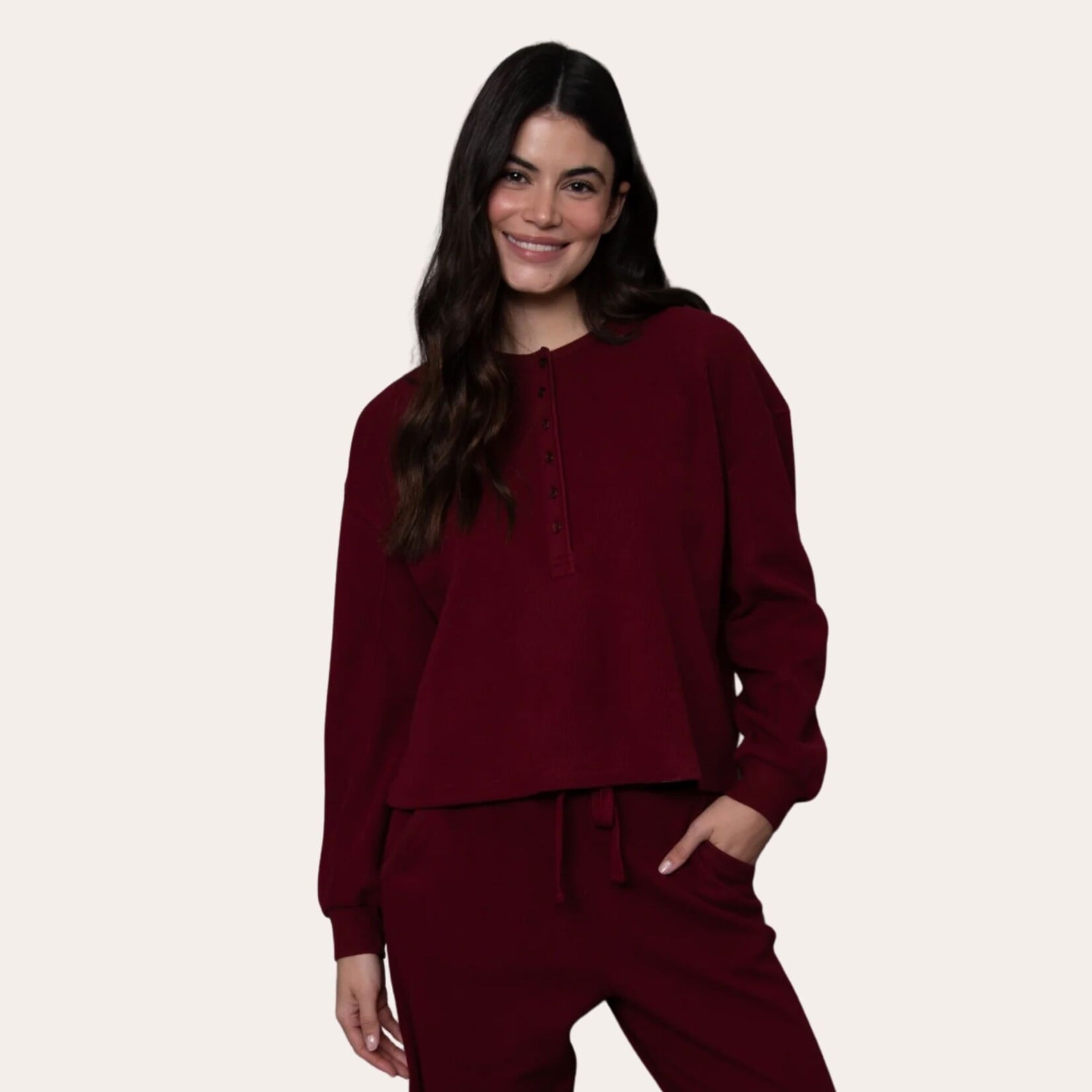 RD Style Jess Cozy Waffle Henley - Burgundy