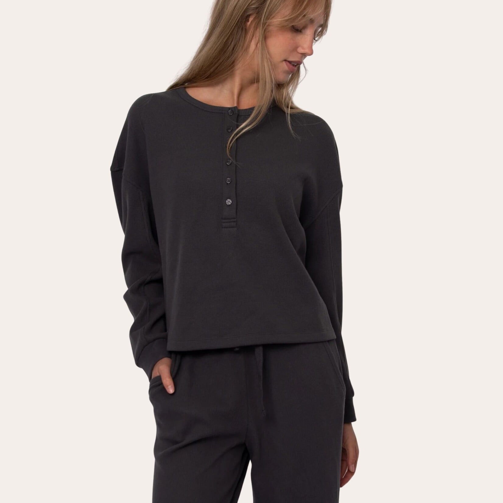 RD Style Jess Cozy Waffle Henley - Coal