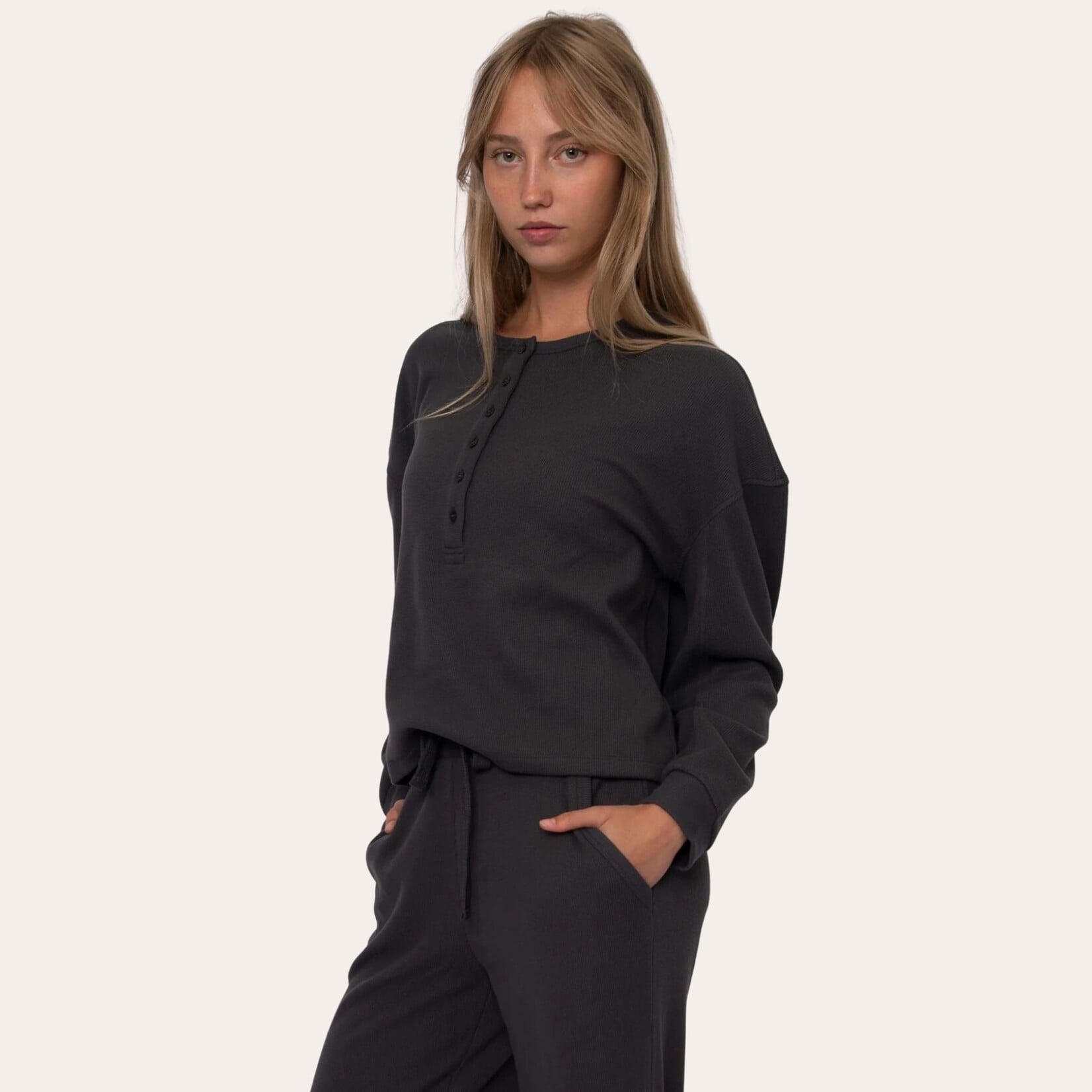 RD Style Jess Cozy Waffle Henley - Coal
