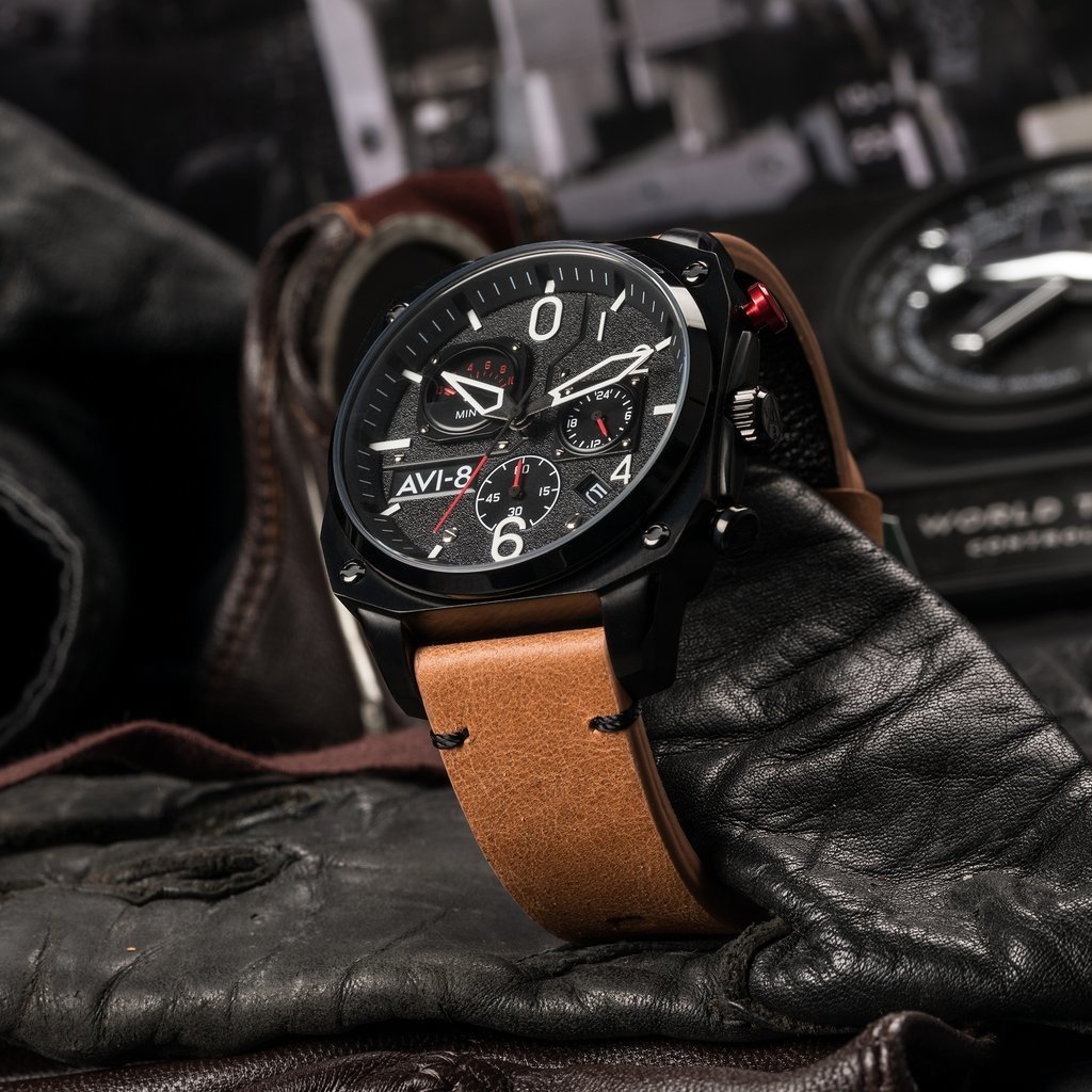 AV-8 HAWKER HUNTER Watch Black Face/Brown Strap