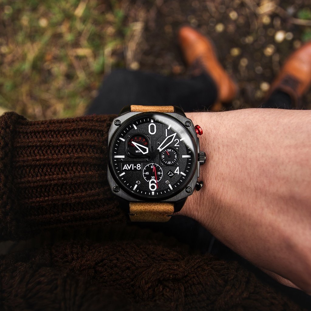 AV-8 HAWKER HUNTER Watch Black Face/Brown Strap