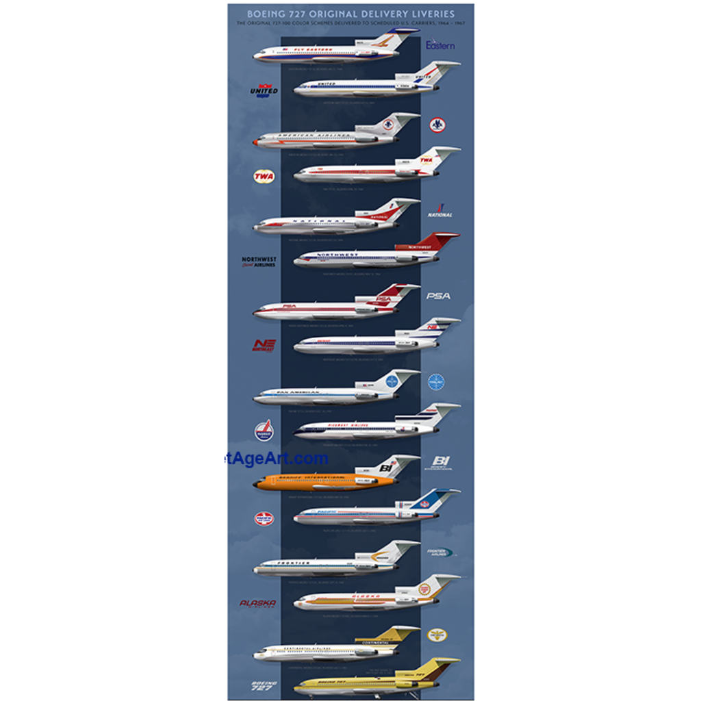 JAA Classic Boeing 727 All 16 Liveries Art Poster 14x36