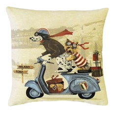 WHYW- Dogs on Blue Scooter Tapestry Cushion Cover