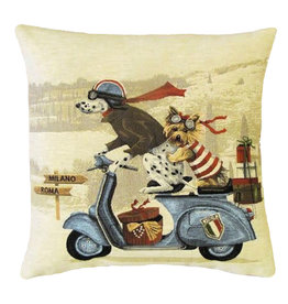 WHYW- Dogs on Blue Scooter Tapestry Cushion Cover