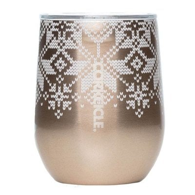 XMAS Corkcicle Stemless Cup 12oz Holiday Fairisle Gold