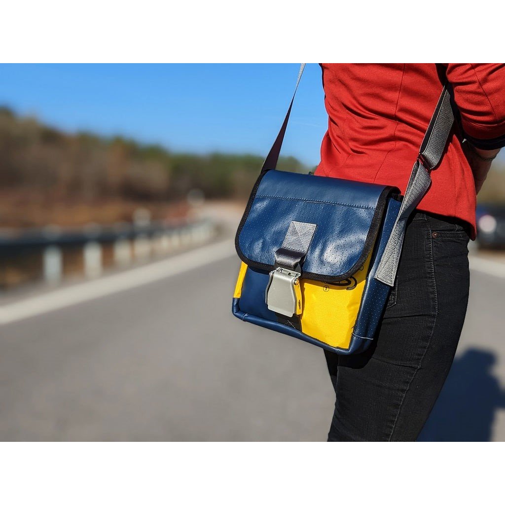 WH1MACL- Mini Messenger Bag  Recycled Blue Airbus Leather and Life Vest Material