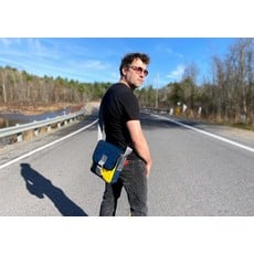WH1MACL- Mini Messenger Bag  Recycled Blue Airbus Leather and Life Vest Material