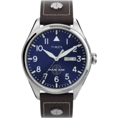 WH1TX Timex X Pan Am Day-Date 42mm Leather Strap Watch