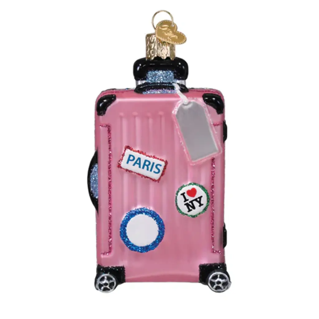 WHOWC- Old World Christmas Rolling Suitcase Pink Ornament