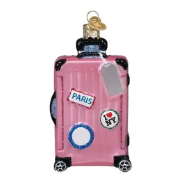 WHOWC- Old World Christmas Rolling Suitcase Pink Ornament