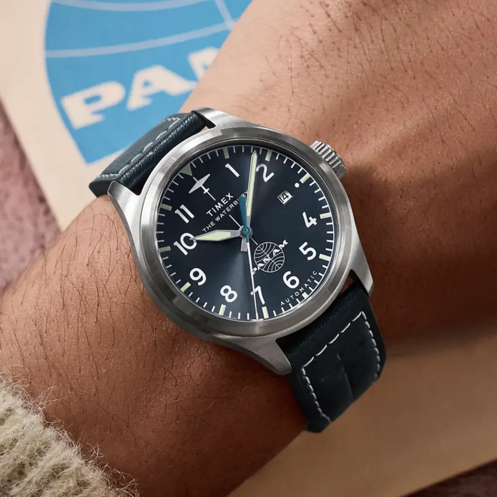 WH1TX- Timex Pan Am Waterbury Auto Blue Dial Blue Strap Watch