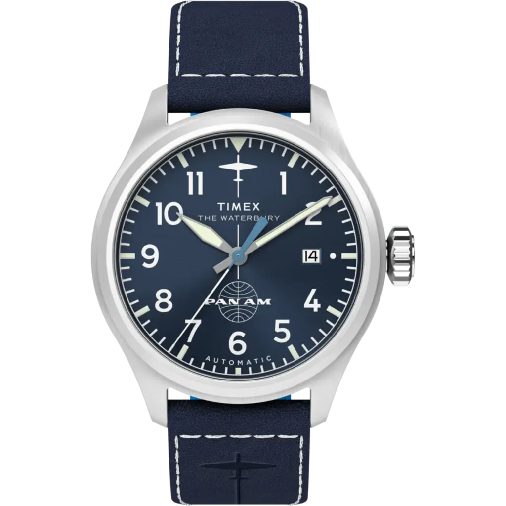 WH1TX- Timex Pan Am Waterbury Auto Blue Dial Blue Strap Watch