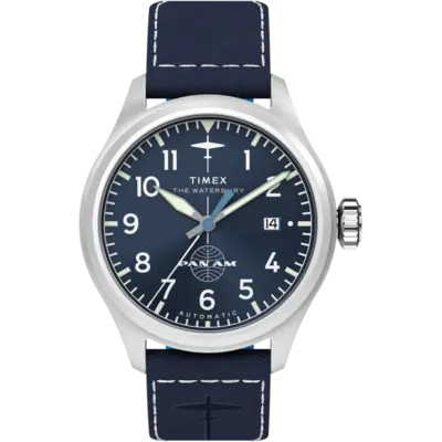 WH1TX- Timex Pan Am Waterbury Auto Blue Dial Blue Strap Watch