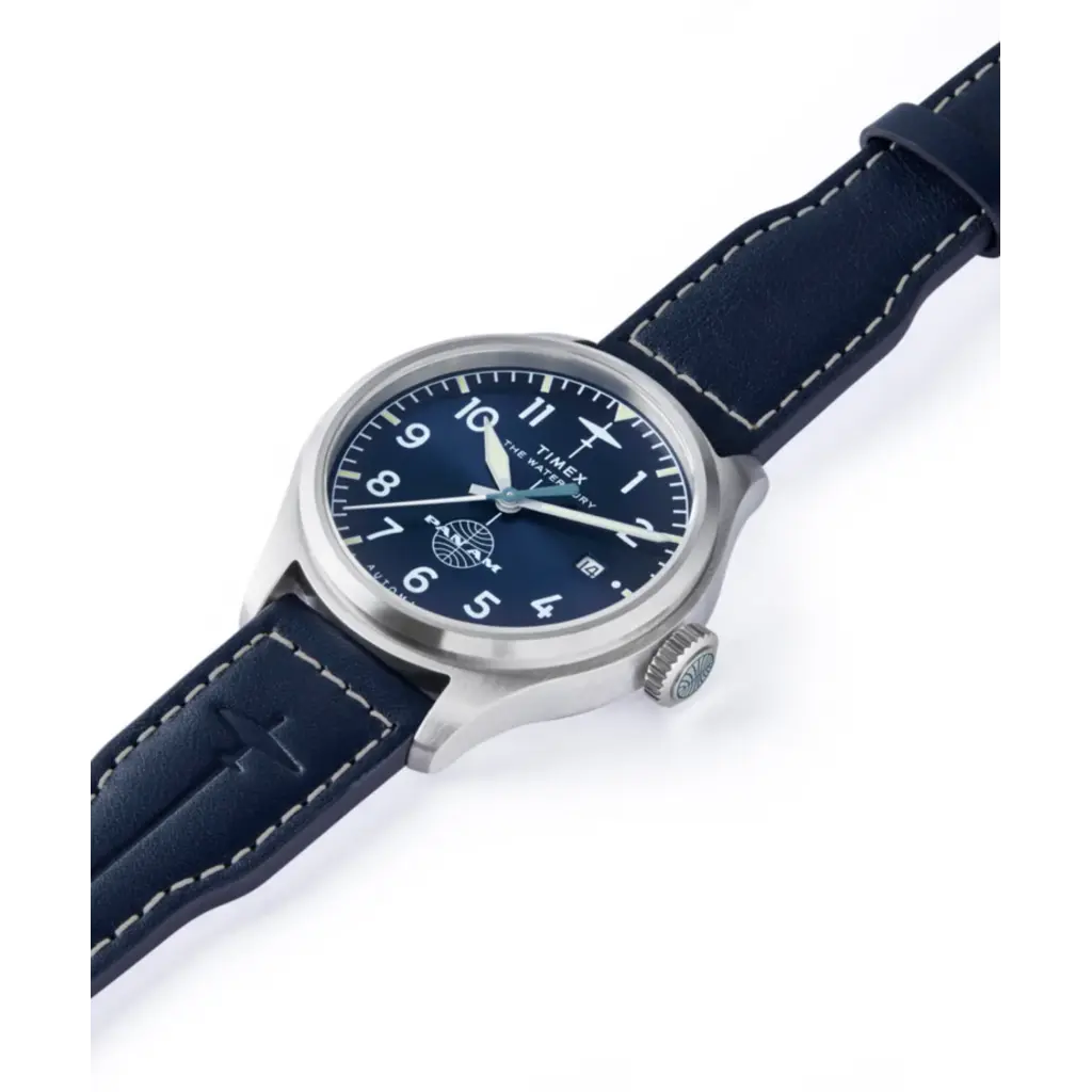 WH1TX- Timex Pan Am Waterbury Auto Blue Dial Blue Strap Watch