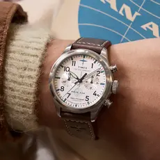 WH1TX- Timex Pan Am Waterbury Chrono Silver Dial Brown Strap Watch