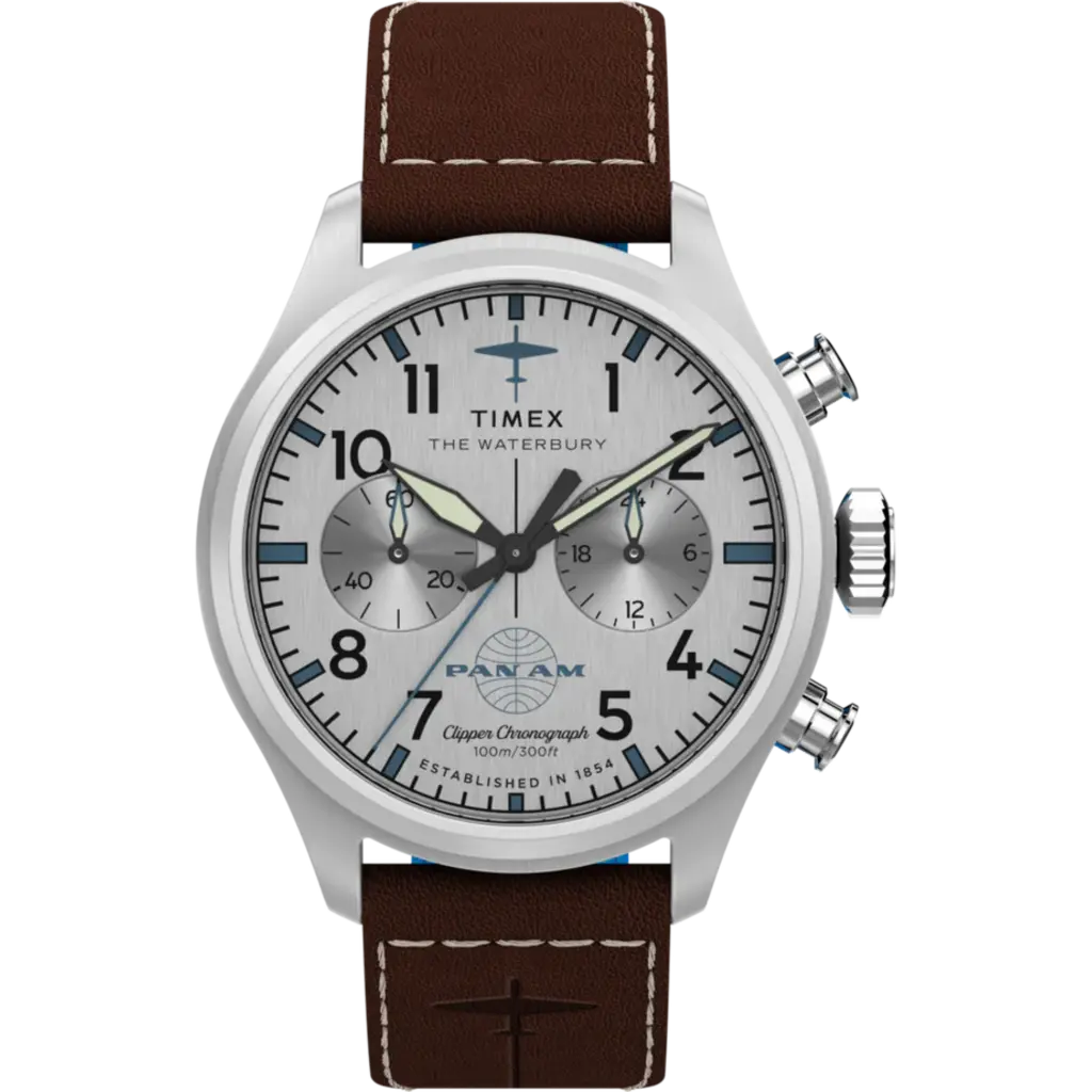 WH1TX- Timex Pan Am Waterbury Chrono Silver Dial Brown Strap Watch