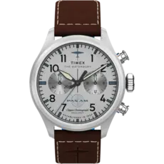 WH1TX- Timex Pan Am Waterbury Chrono Silver Dial Brown Strap Watch