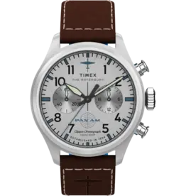 WH1TX- Timex Pan Am Waterbury Chrono Silver Dial Brown Strap Watch