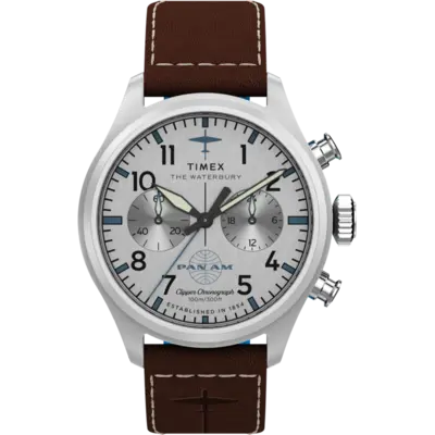 WH1TX- Timex Pan Am Waterbury Chrono Silver Dial Brown Strap Watch