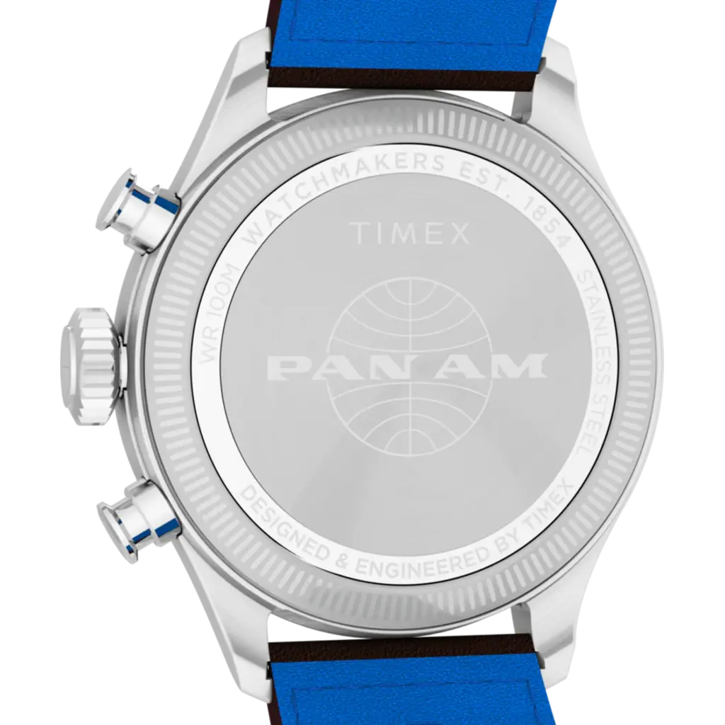 WH1TX- Timex Pan Am Waterbury Chrono Silver Dial Brown Strap Watch