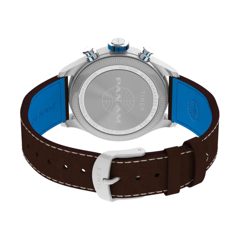 WH1TX- Timex Pan Am Waterbury Chrono Silver Dial Brown Strap Watch