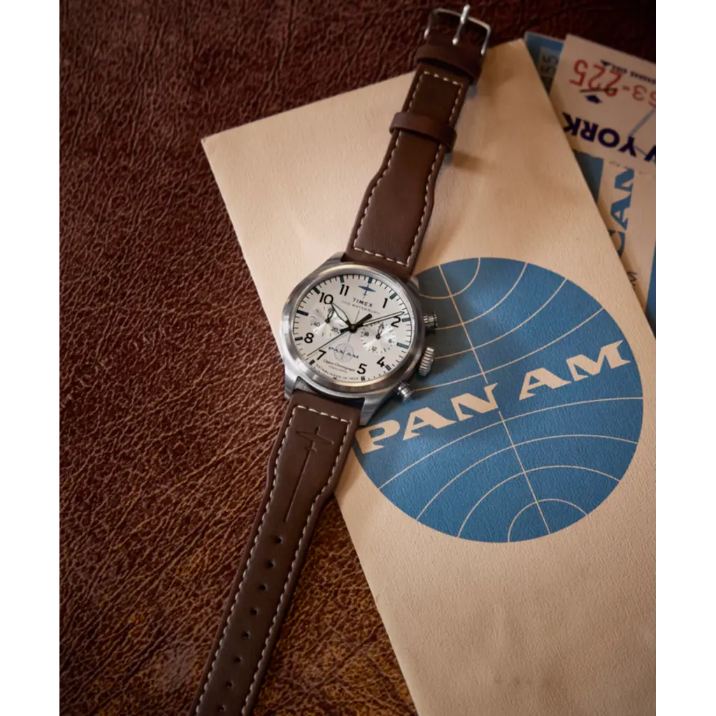 WH1TX- Timex Pan Am Waterbury Chrono Silver Dial Brown Strap Watch