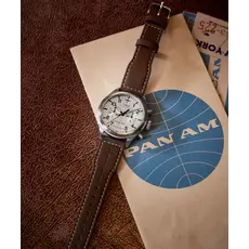 WH1TX- Timex Pan Am Waterbury Chrono Silver Dial Brown Strap Watch