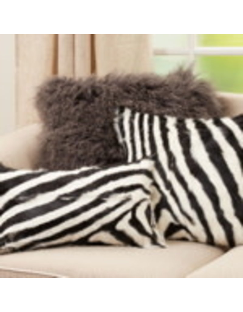 Zebra Goat Fur Pillow Blk & Wht 12”x20” - 4657.BW1220B