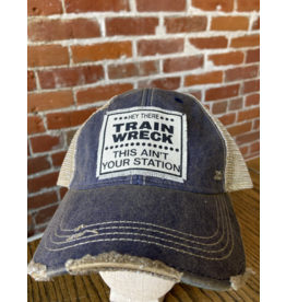 Hey There train wreck navy blue distressed mesh cap