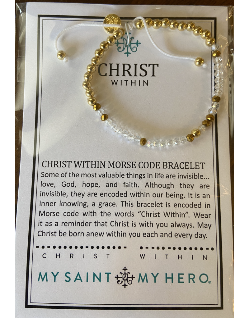 MY SAINT MY HERO Christ within morse code gold bracelet