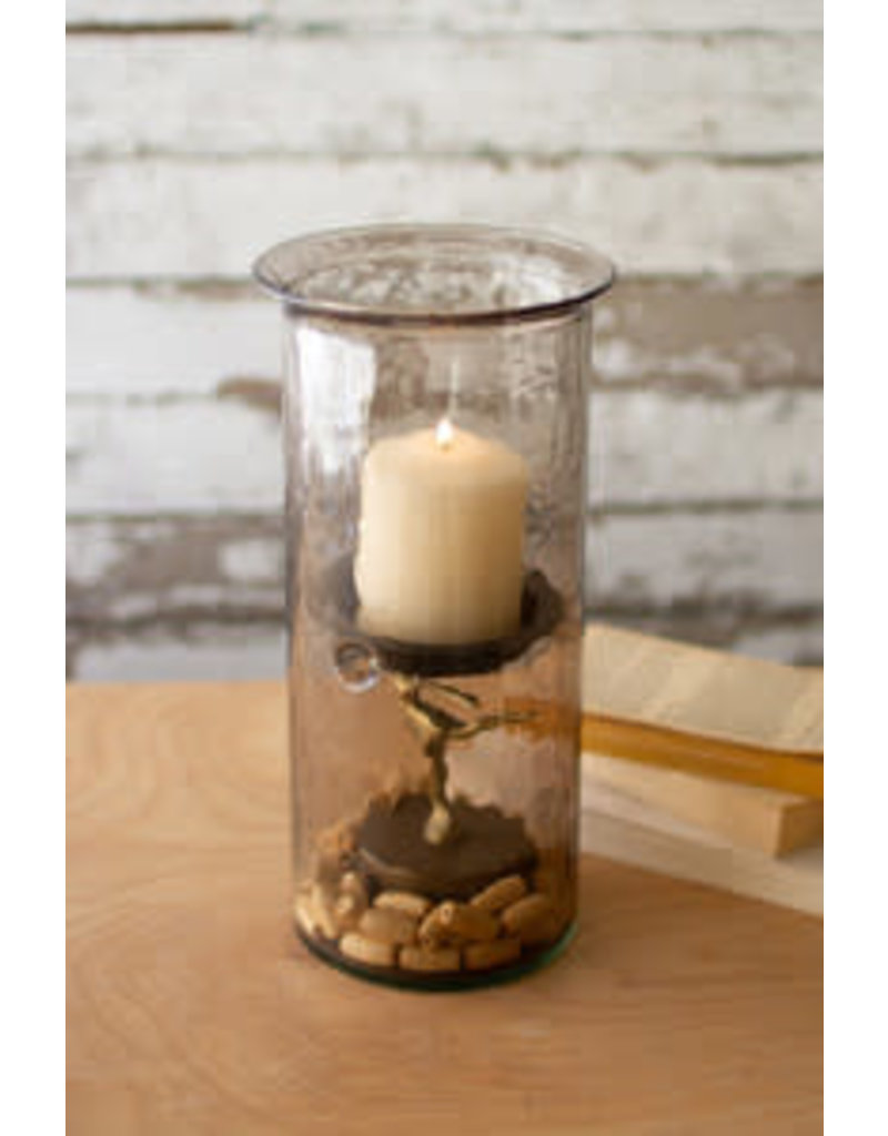 mini smoked glass candle cyclinder with rustic base 12" cv1020a