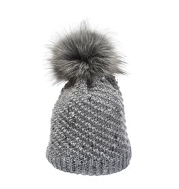 Grey confetti beanie with faux fur pom 20441