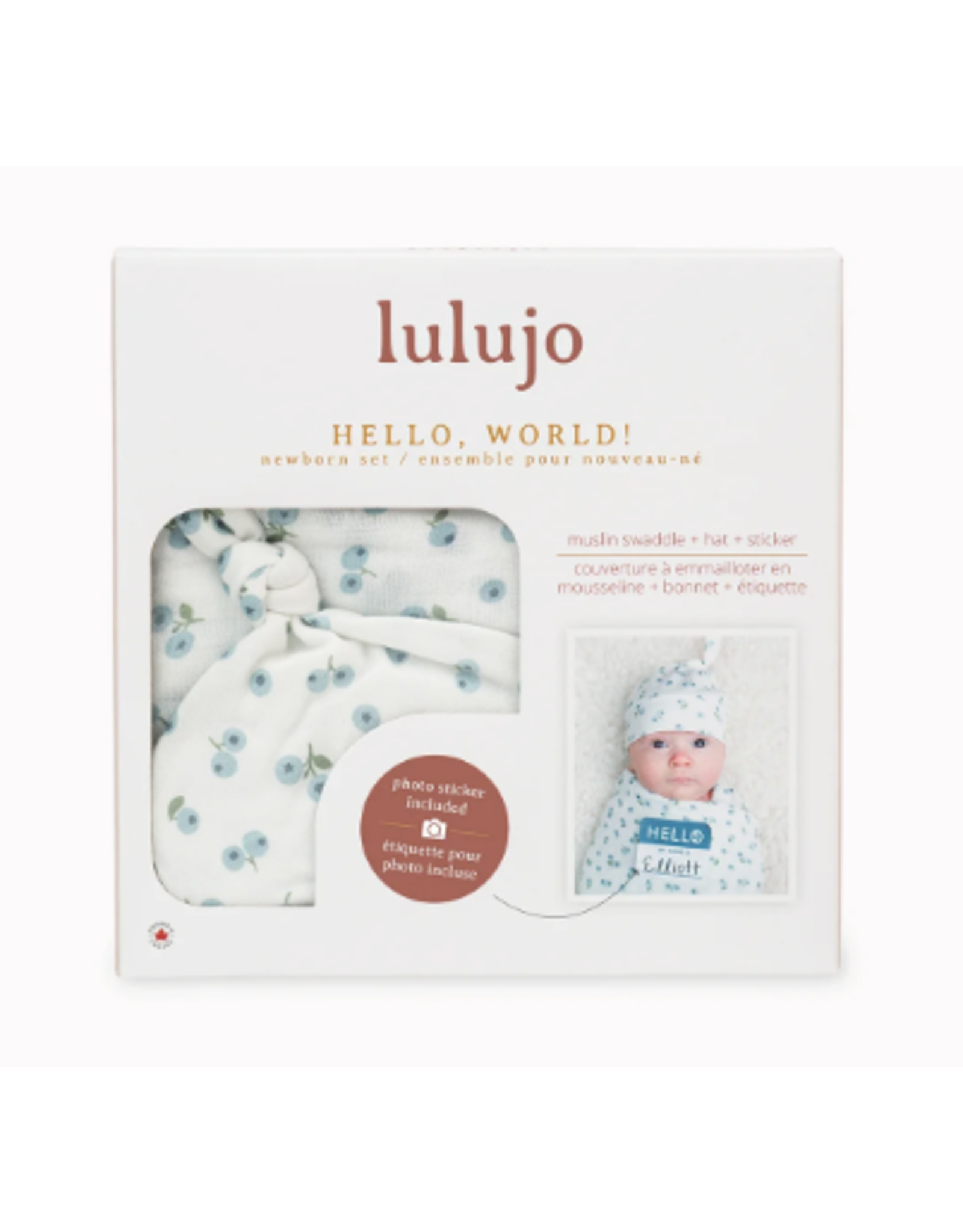 Lulujo Baby Hello World Blanket & Knotted Hat, Blueberries