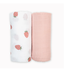 Lulujo Baby Cotton Muslin Swaddle Blankets, 2 Pack, Strawberries + Ballet Slipper