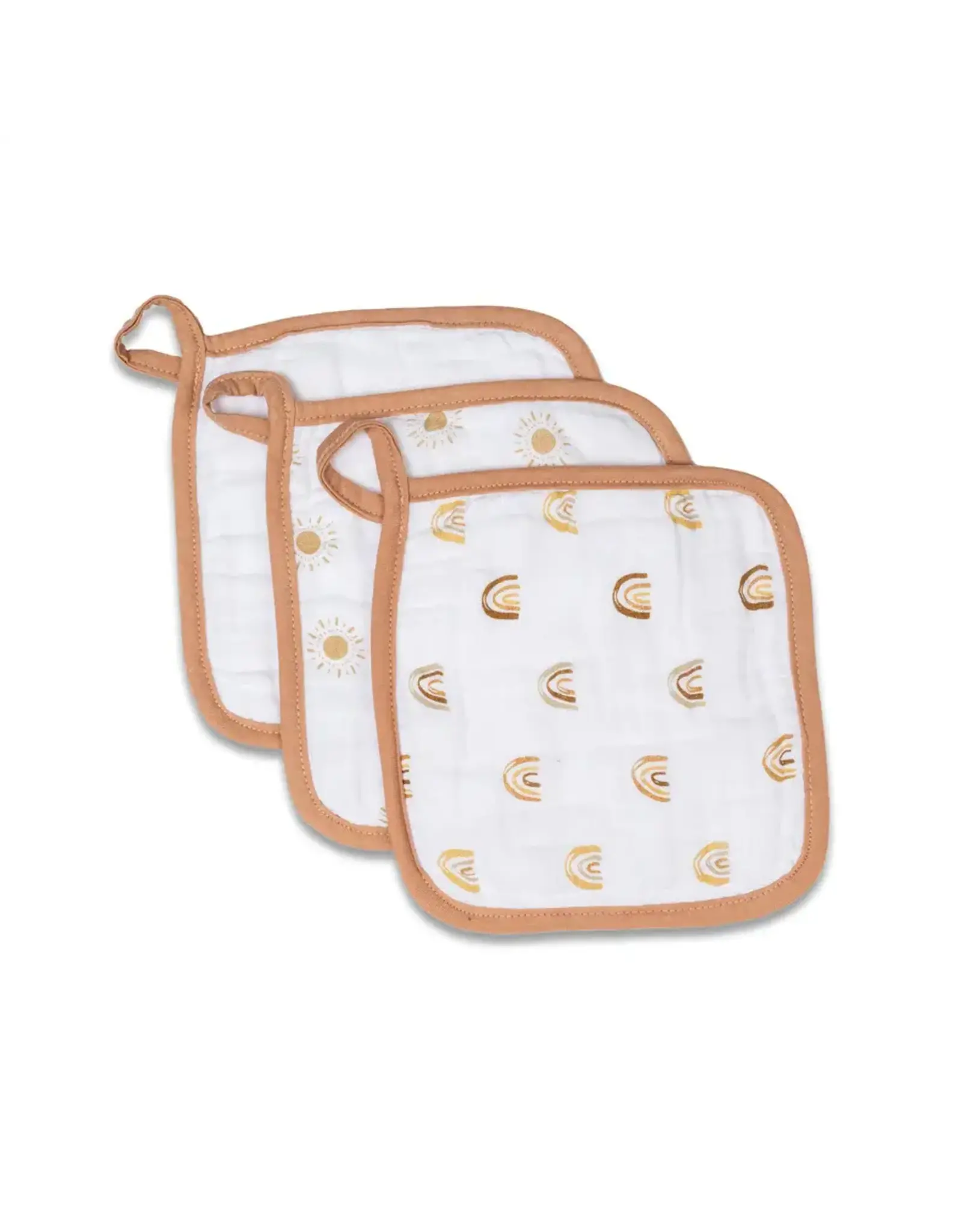 Lulujo Baby 3 Pack Muslin Washcloths Rainbow, White & Suns