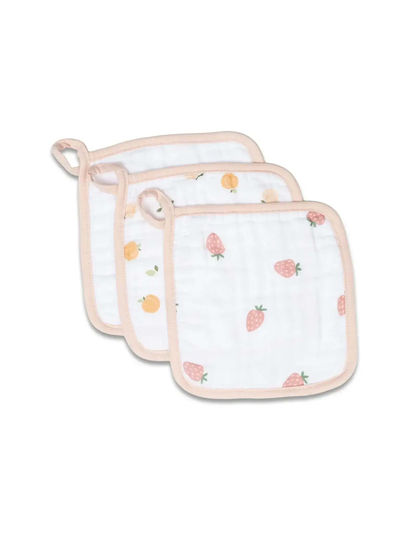 Lulujo Baby 3 Pack Muslin Washcloths Peaches, White & Strawberry
