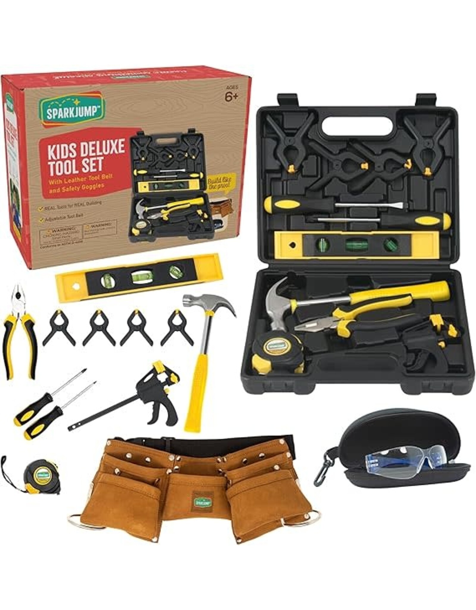 SparkJump Kids Deluxe Tool Set with Leather Tool Belt & Safety Goggles